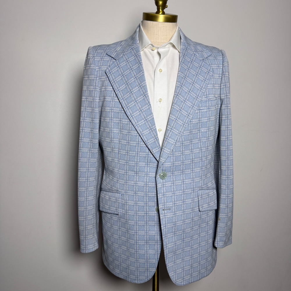 Van Cort Blazer‎ Mens 44R Light Blue Plaid Vintage 70s Polyester Sport Coat
